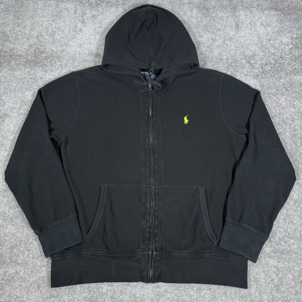 Polo Ralph Lauren Jacket Men's XL Black‎ Hooded Full Zip Faded